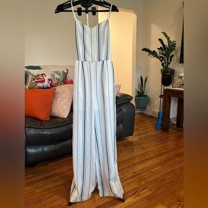 NWT J.O.A Jumpsuit Size M Stripped Blue/White Spaghetti Strap Back Zip